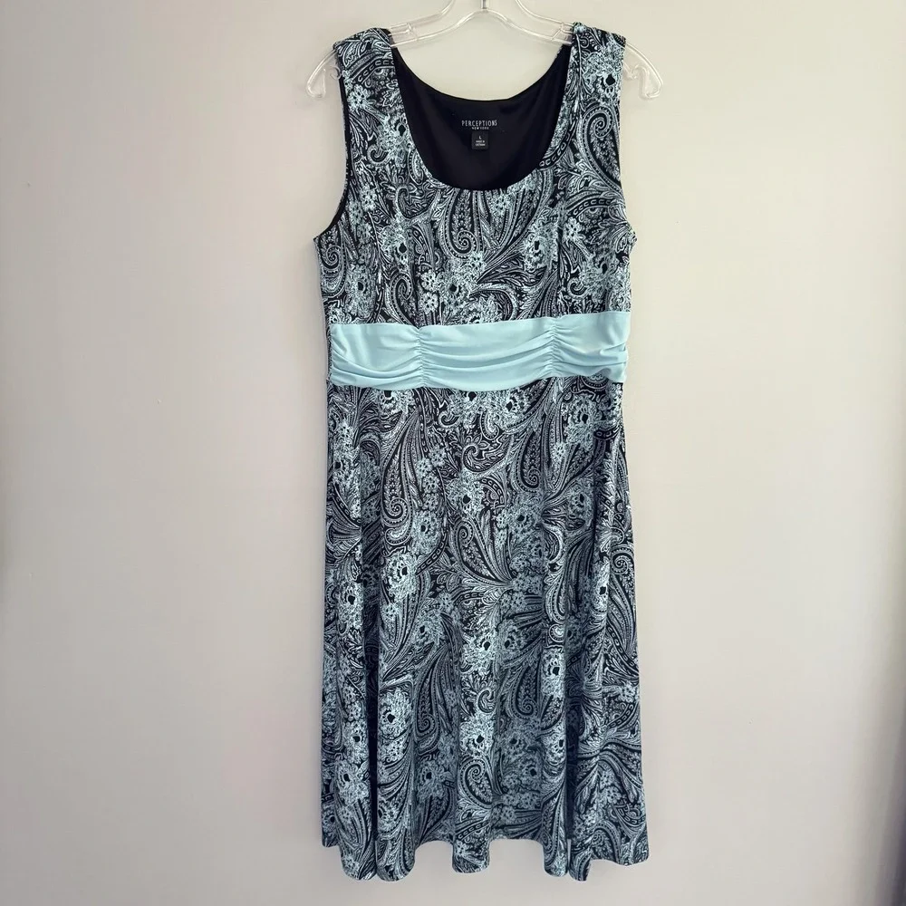 Perceptions‎ New York Dress Womens L Blue Paisley Sleeveless Ruched A Line Midi